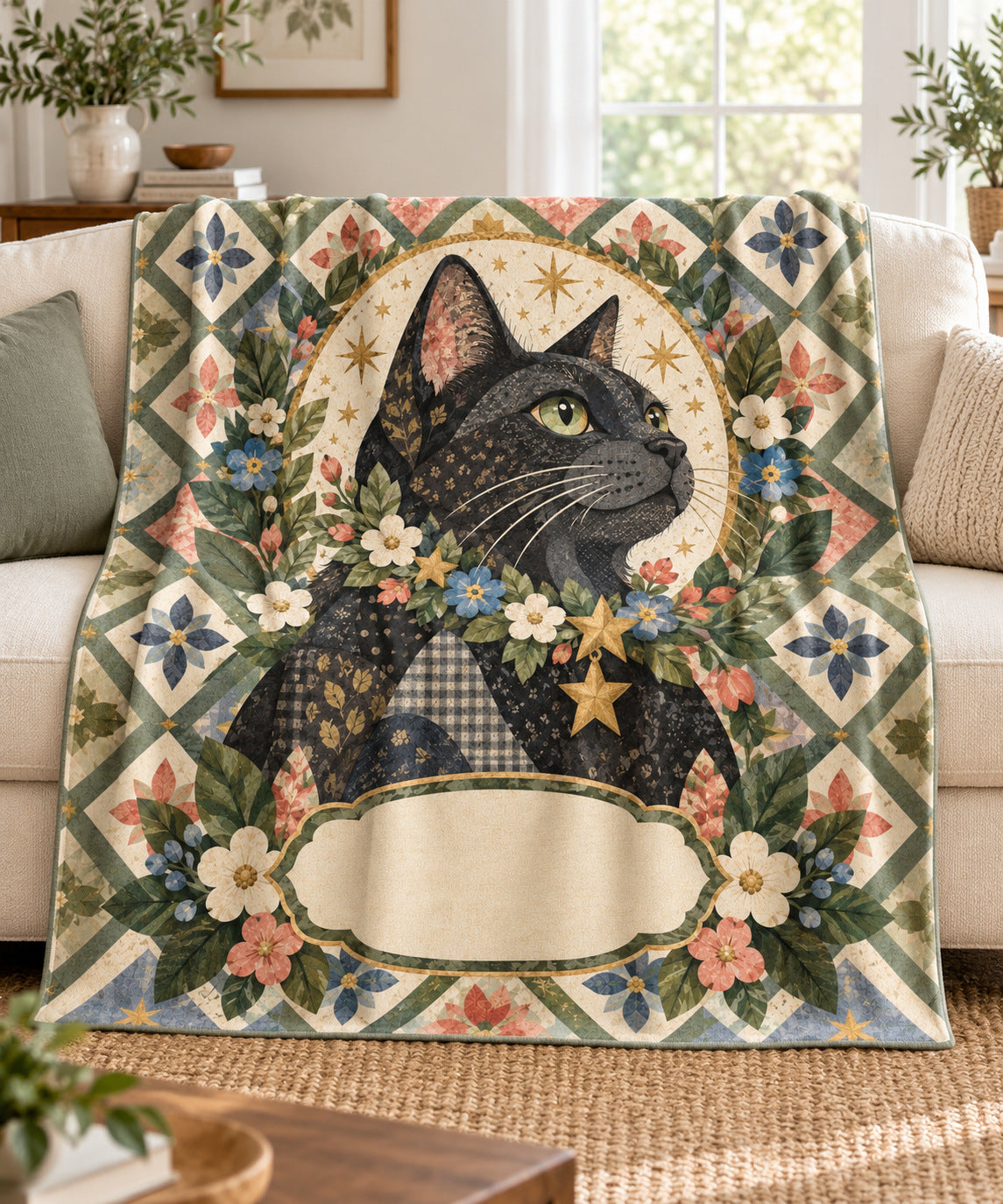 Starlight quilt black cat name blanket draped over a cream sofa