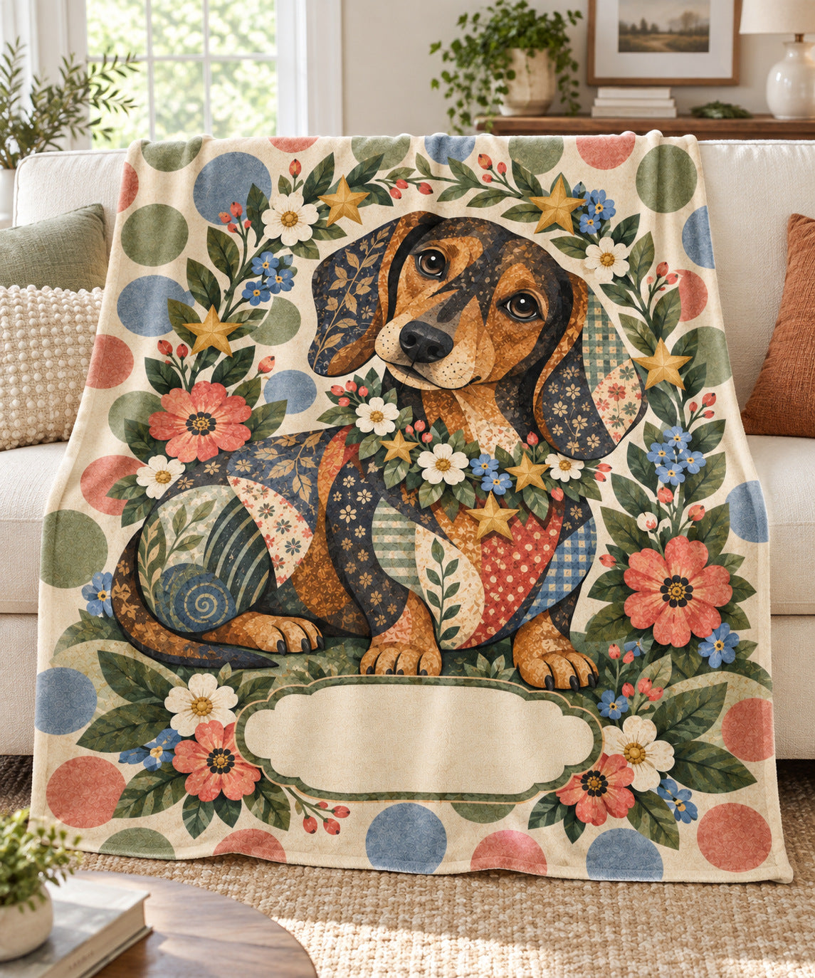 Starlight quilt dachshund name blanket draped over a cream sofa