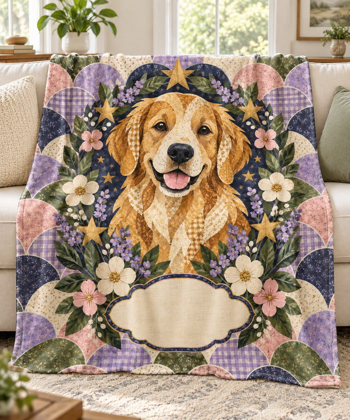 Starlight quilt golden retriever name blanket draped over a cream sofa