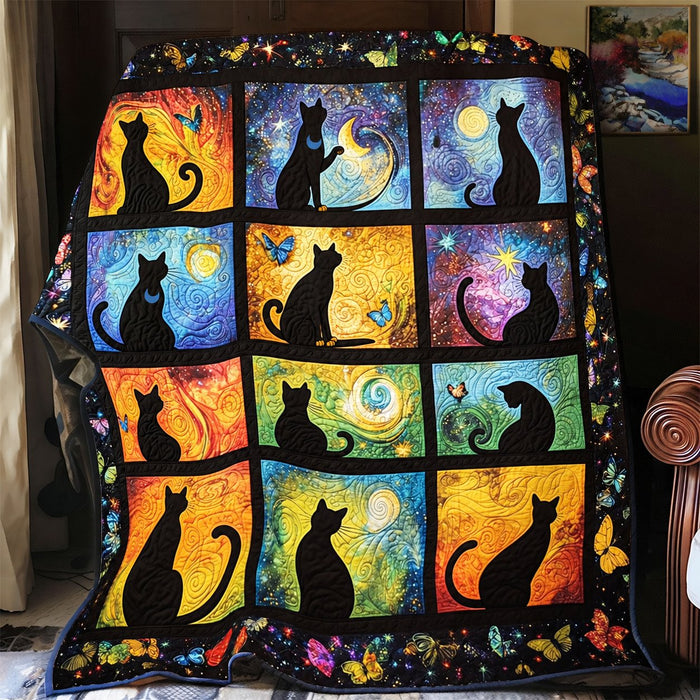 Starry Window Black Cats quilt – quilt with a grid of black cat silhouettes against swirling starry skies