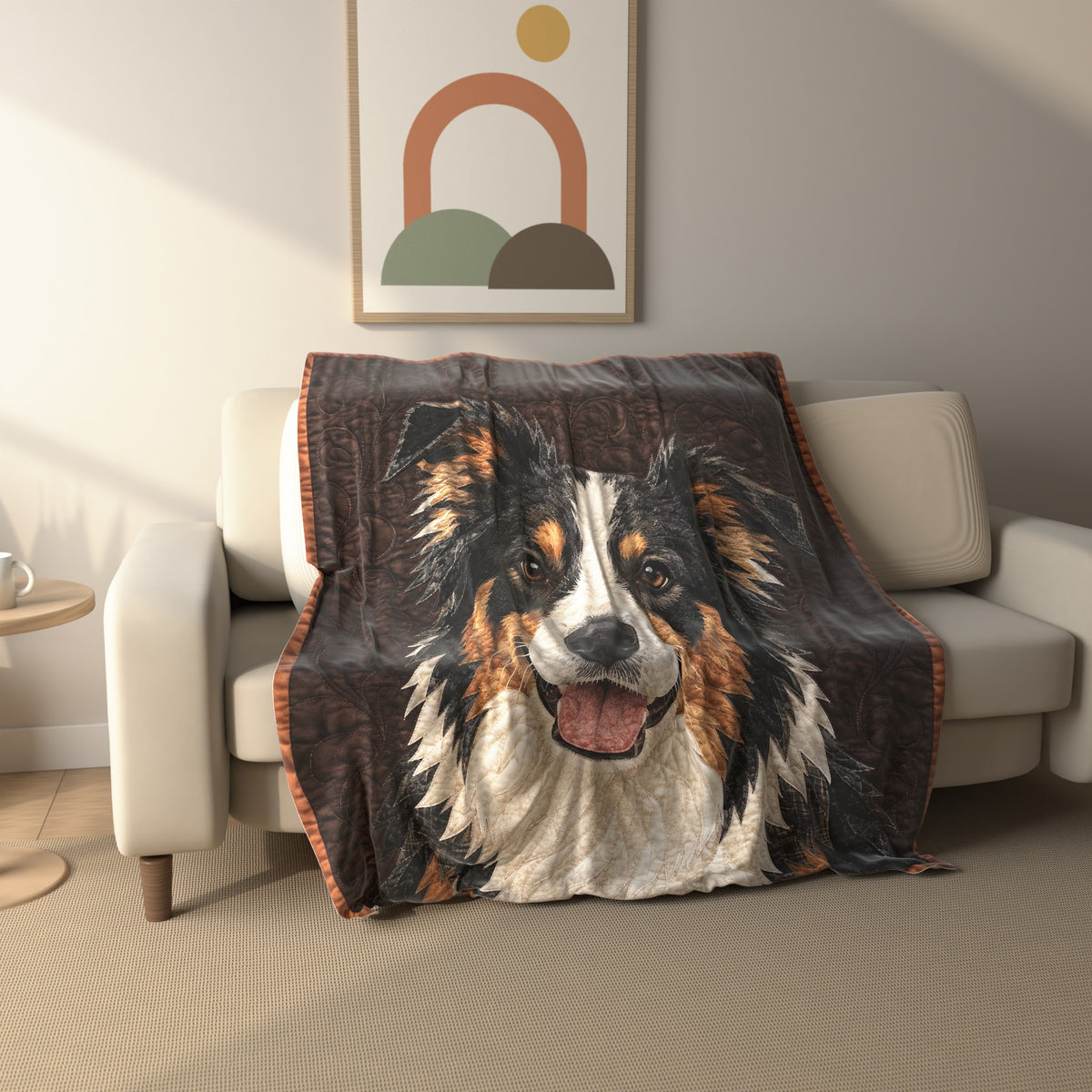 Stitched Border Collie Portrait fleece throw blanket draped over a sofa