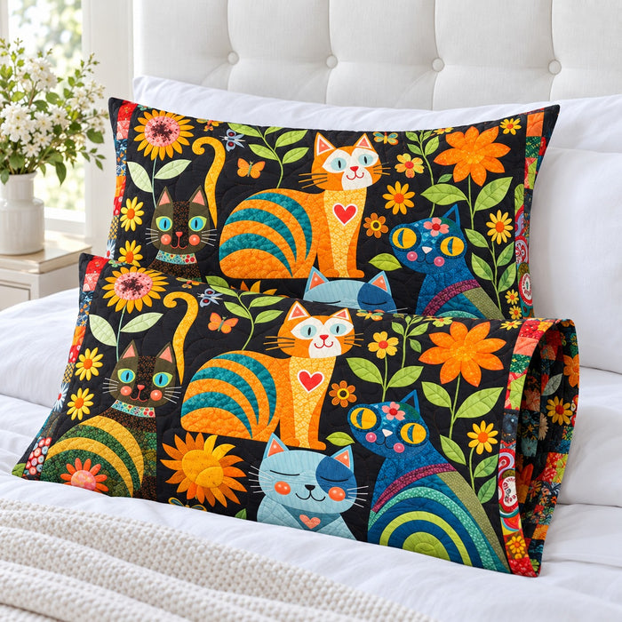Sunflower Folk Cats pillowcases – set of two printed envelope pillowcases on a white bed