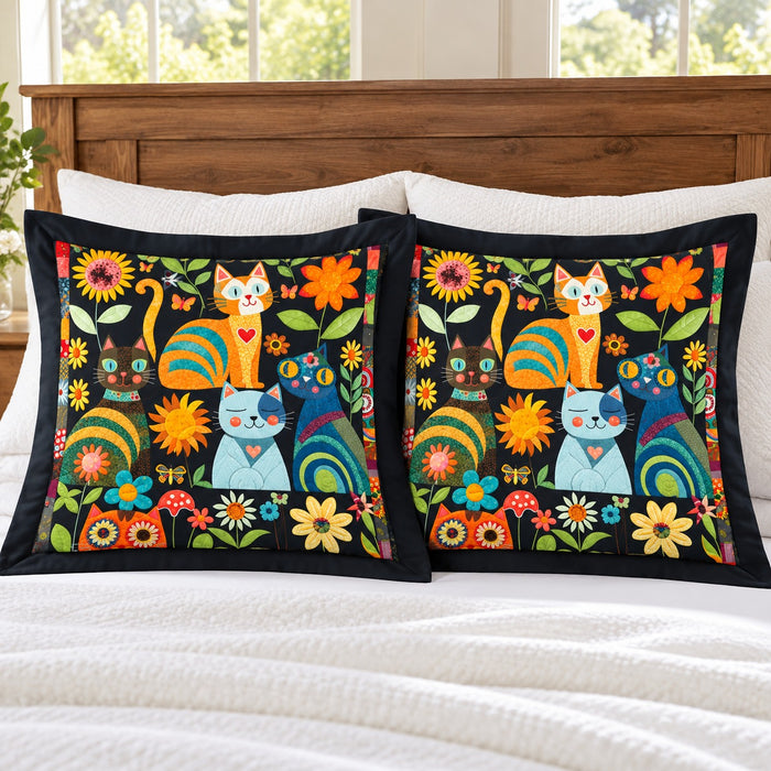 Sunflower Folk Cats pillow shams – set of two flanged shams against a wooden headboard