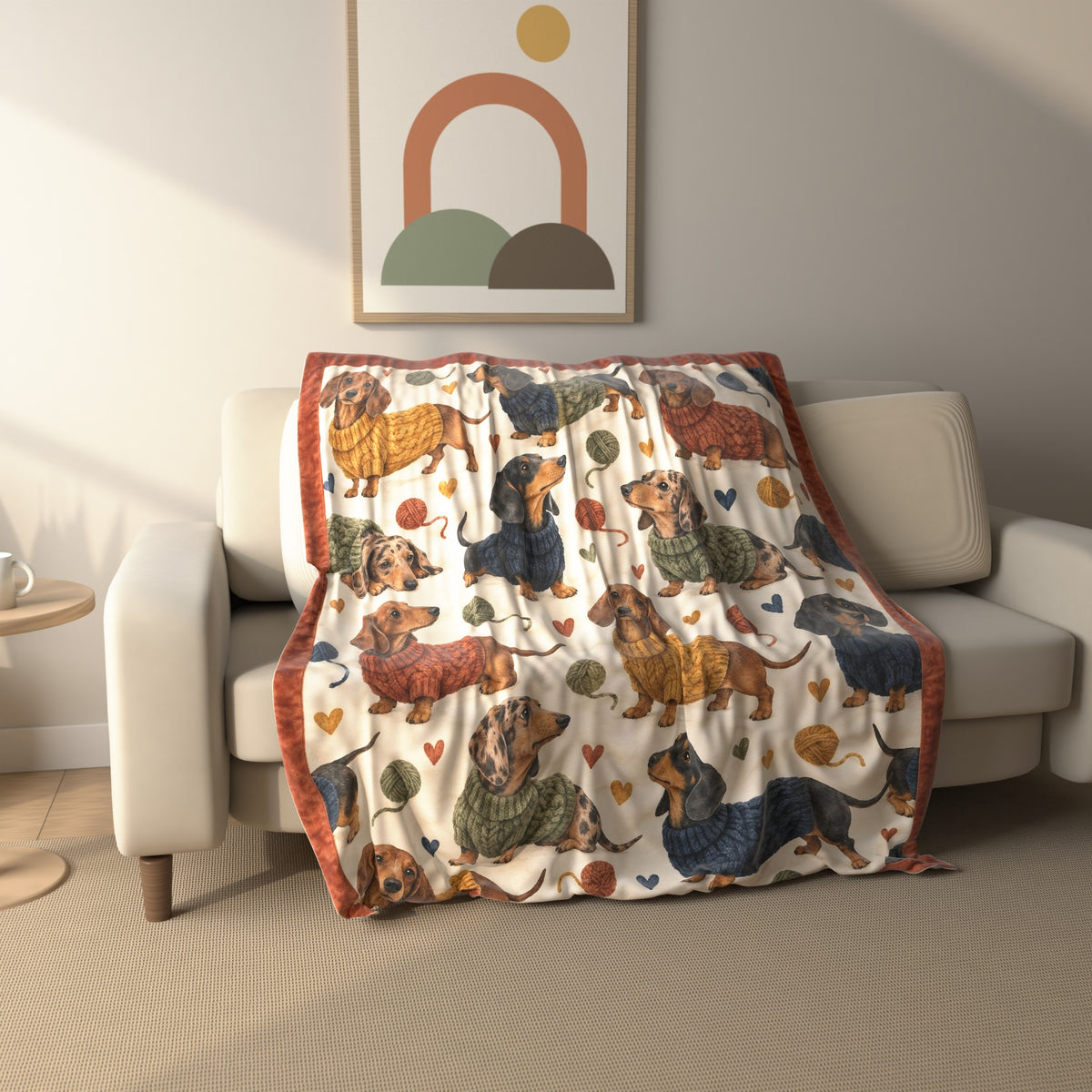 Sweater Dachshund Toss fleece throw blanket draped over a sofa