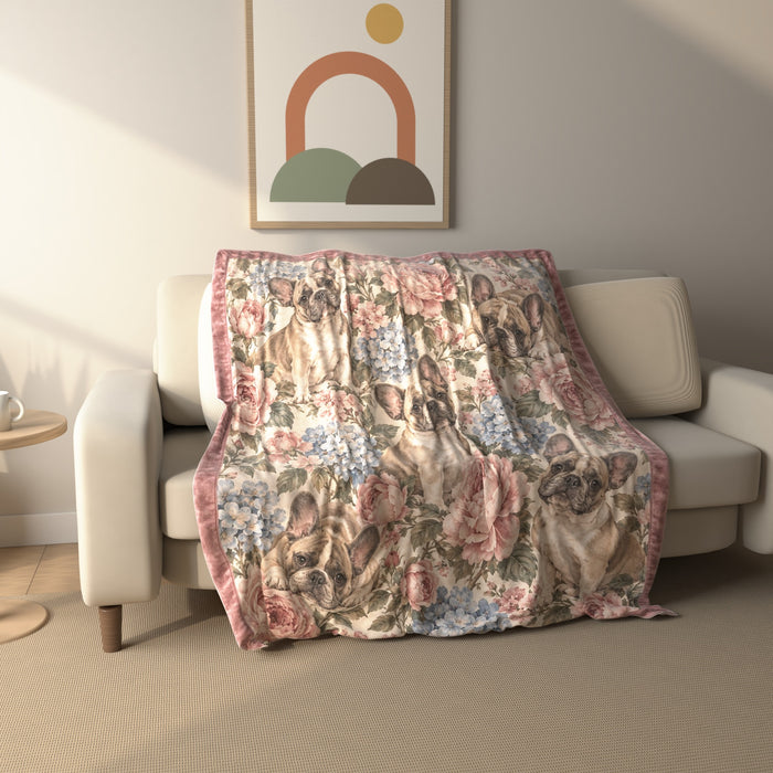 Vintage Rose French Bulldog fleece throw blanket draped over a sofa