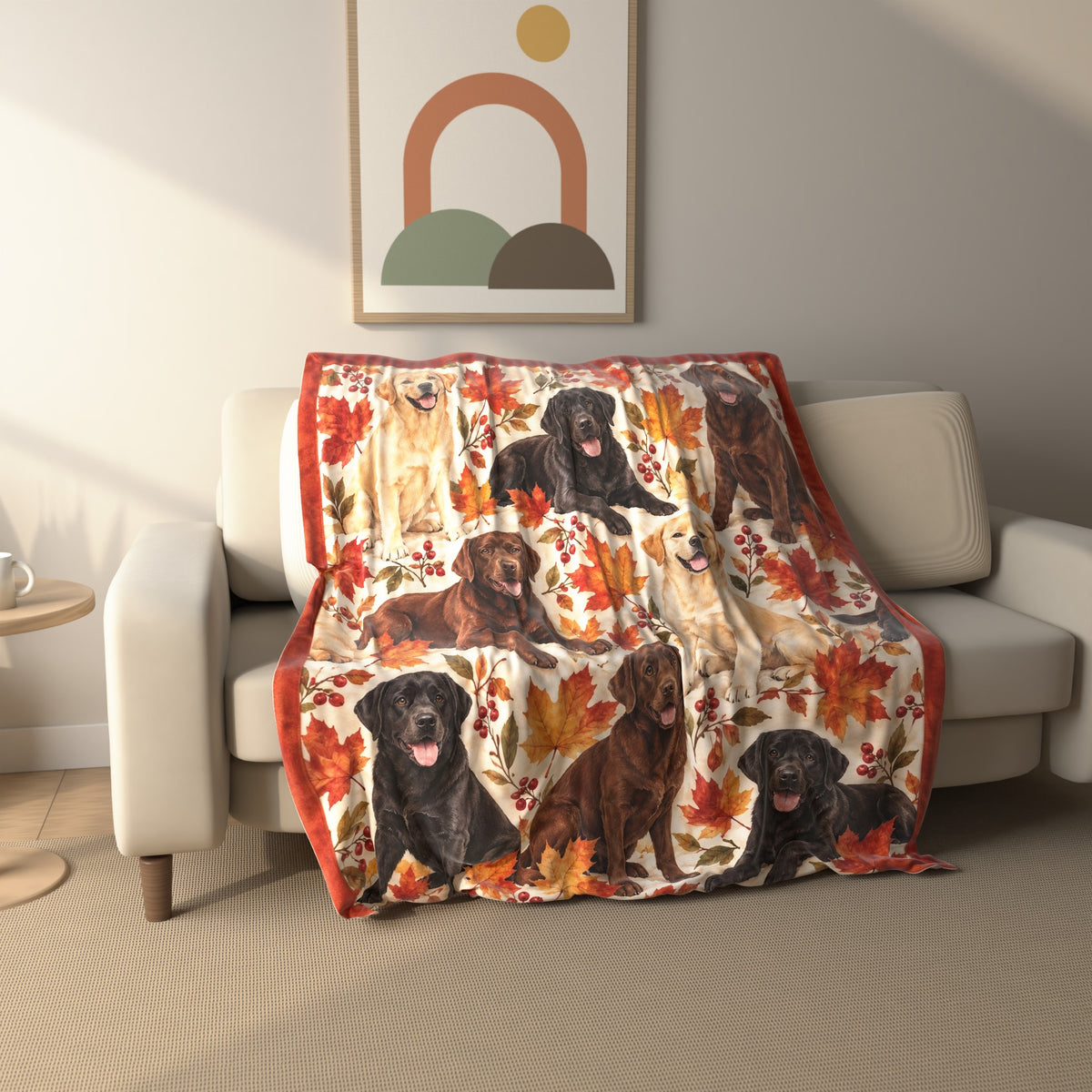 Watercolor Fall Labradors fleece throw blanket draped over a sofa