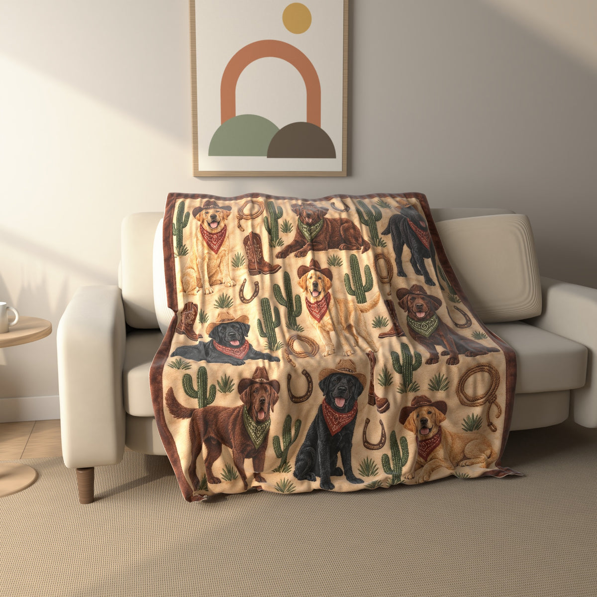 Western Cowboy Labradors fleece throw blanket draped over a sofa