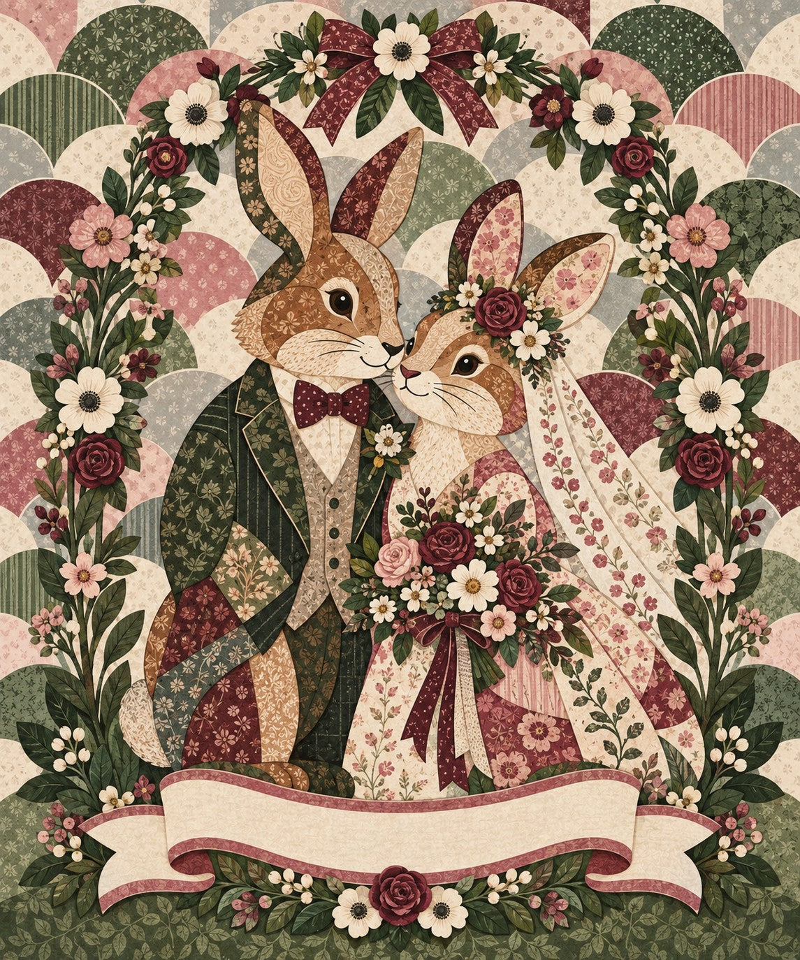 Wildflower Wedding Bunny Couple Name Blanket artwork — a bunny groom in a tweed suit and his veiled bride with roses, under a rose and daisy arch, with a blank ribbon banner for your names and date