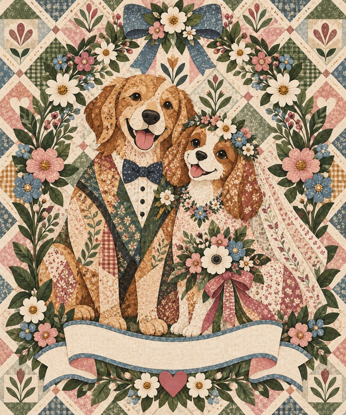 Wildflower Wedding Dog Couple Name Blanket artwork — a golden retriever groom in a bow tie and his spaniel bride with her bouquet, framed in blossom, with a blank ribbon banner for your names and date