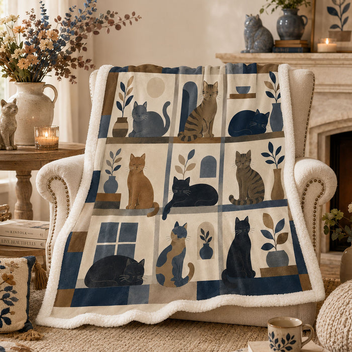 PawMoM windowpane patchwork cats sherpa blanket