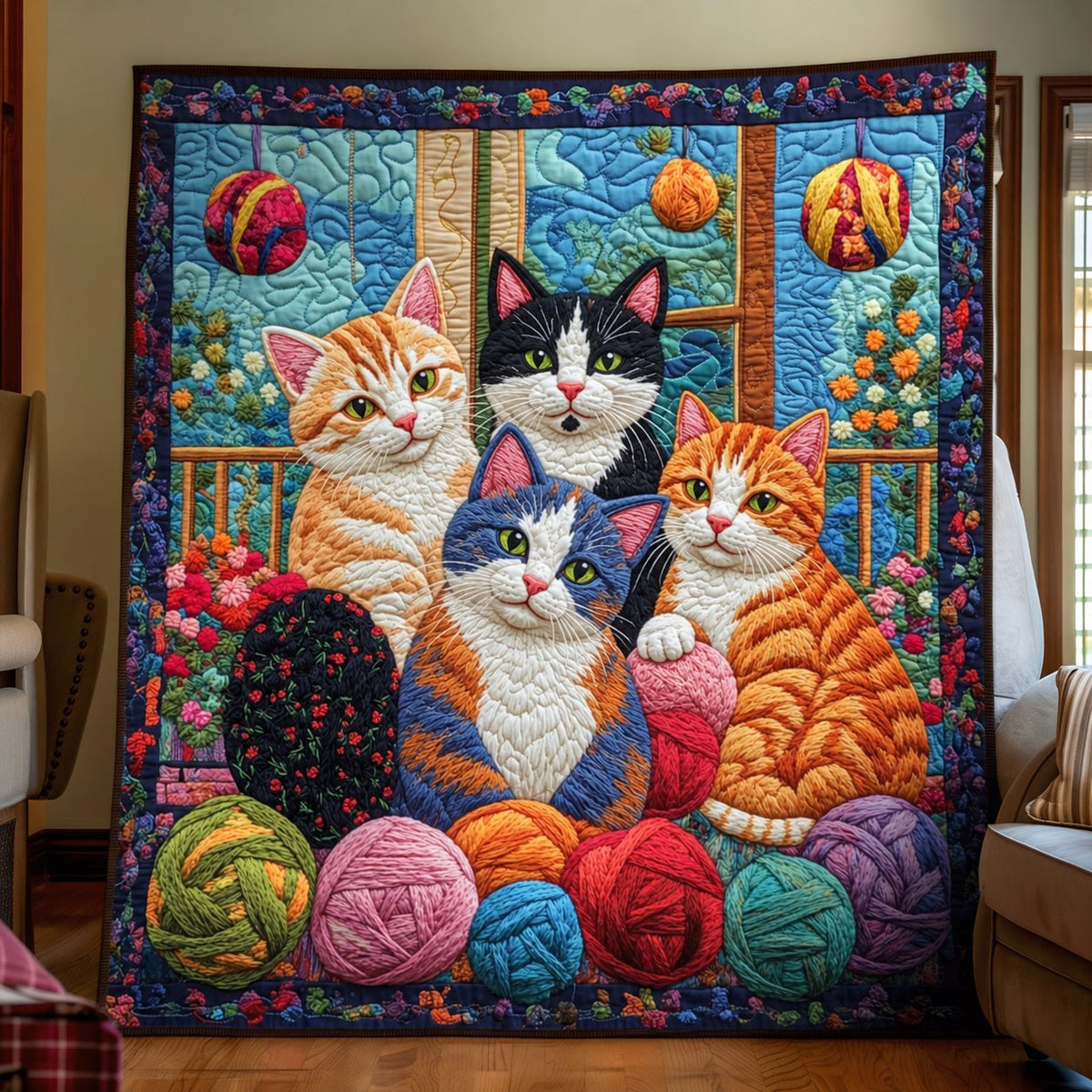 Yarn Ball Kittens quilt – quilt of four cats sitting among colourful balls of yarn by a window