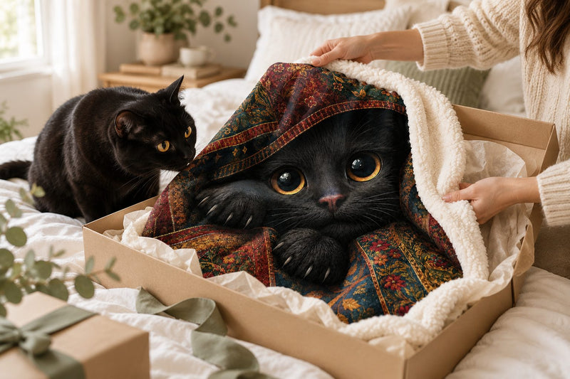 Woman lifting an Amber Eyes black cat sherpa blanket from a gift box as her black cat sniffs it