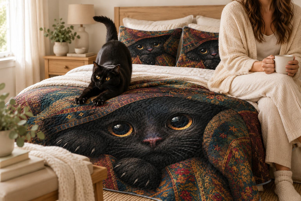 Black cat stretching on a Golden-Eyed Black Cat quilt set while its owner holds a morning coffee
