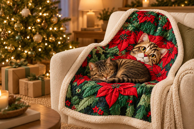 Tabby cat asleep on a Poinsettia tabby cat sherpa blanket by a lit Christmas tree