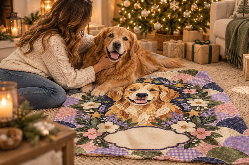 Golden retriever and his owner on a personalized name blanket in front of a lit Christmas tree