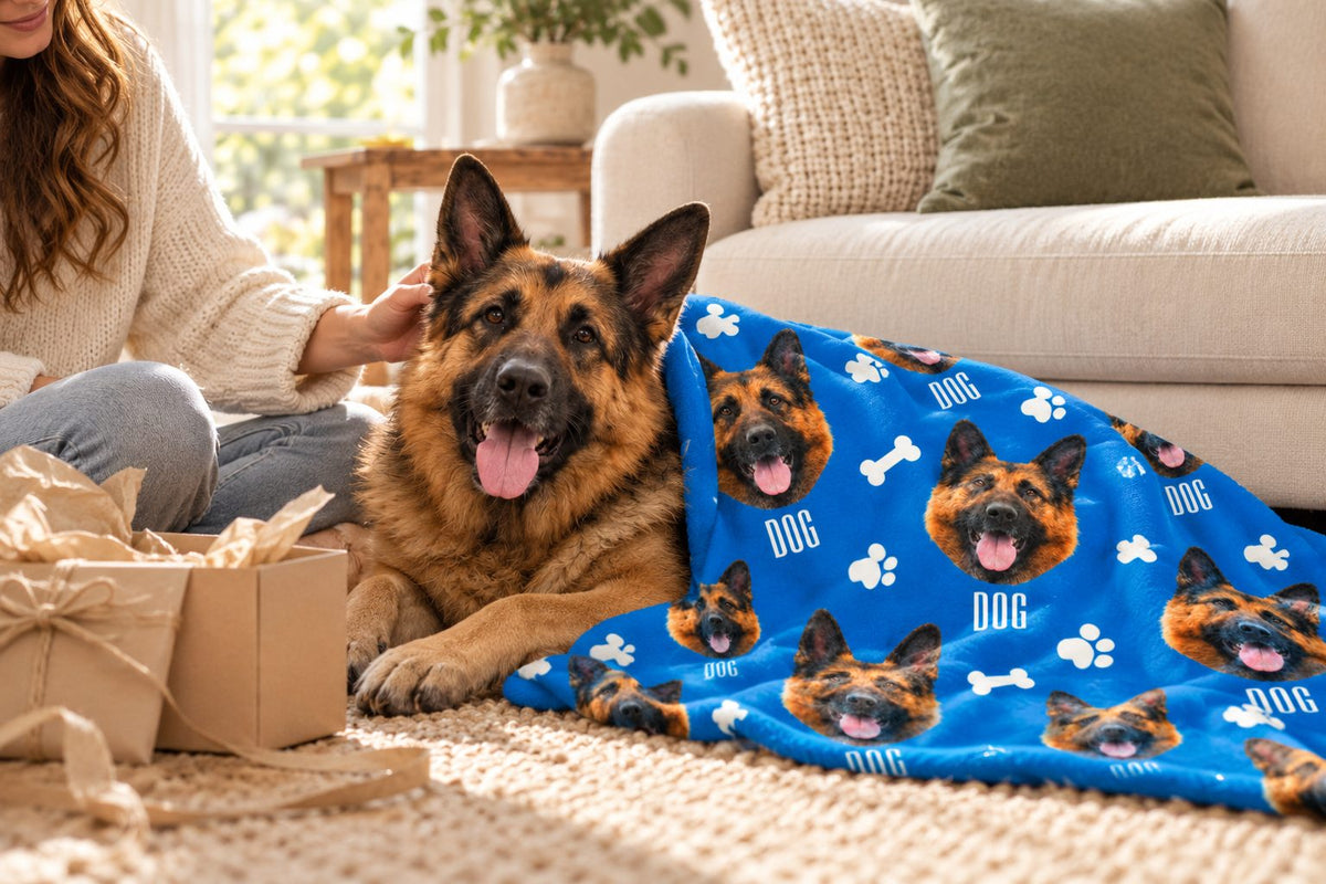 German Shepherd beside a blue pet face repeat blanket and an opened gift box