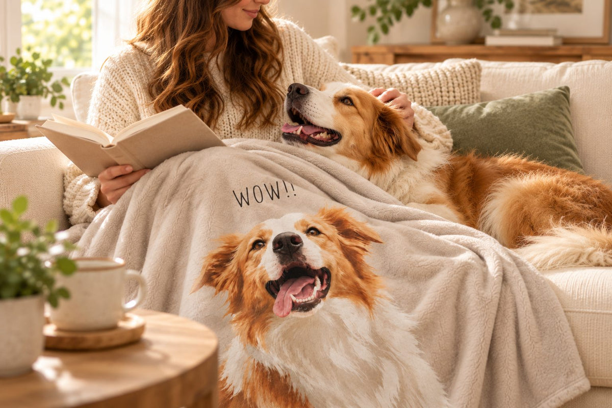 Dog resting on its owner's lap under a personalized painted portrait blanket while she reads