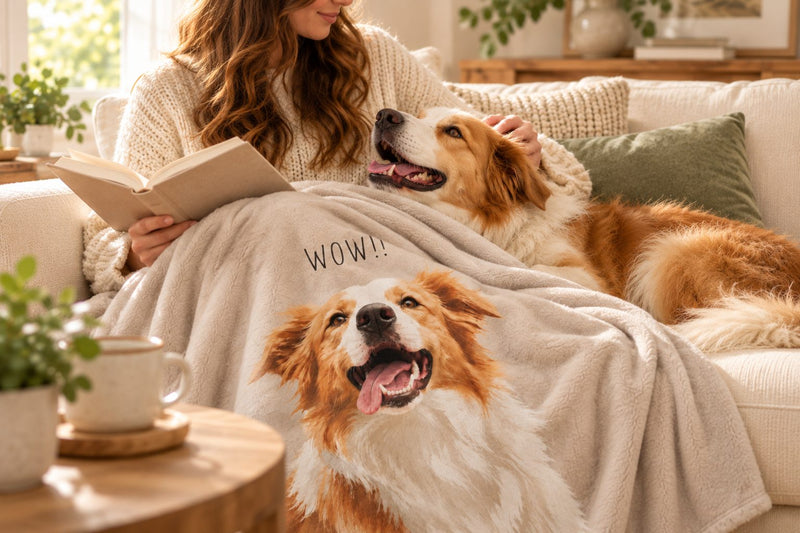 Dog resting on its owner's lap under a personalized painted portrait blanket while she reads