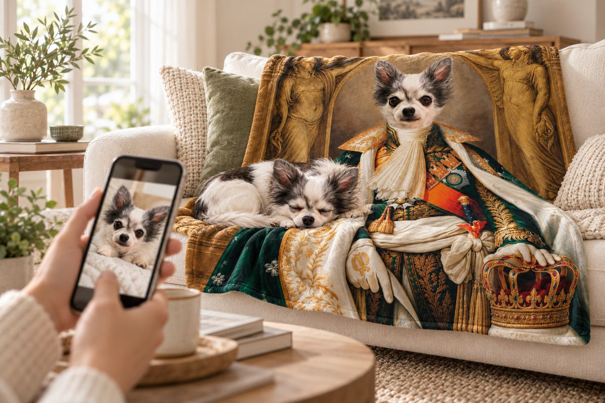 Chihuahua asleep on a Royal Portrait dog photo blanket while its owner picks a photo on her phone