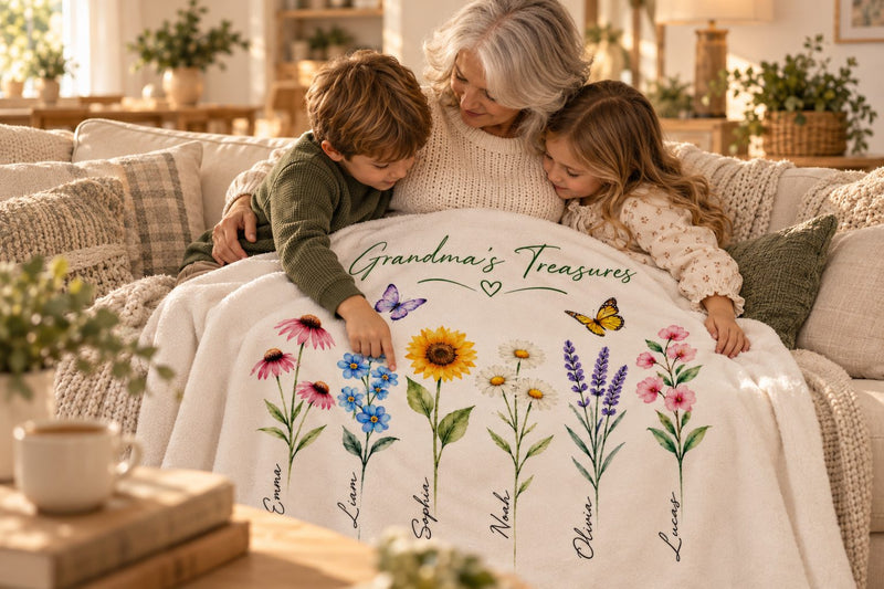 Grandmother and grandchildren pointing at their names on a personalized Grandma's Treasures flower blanket