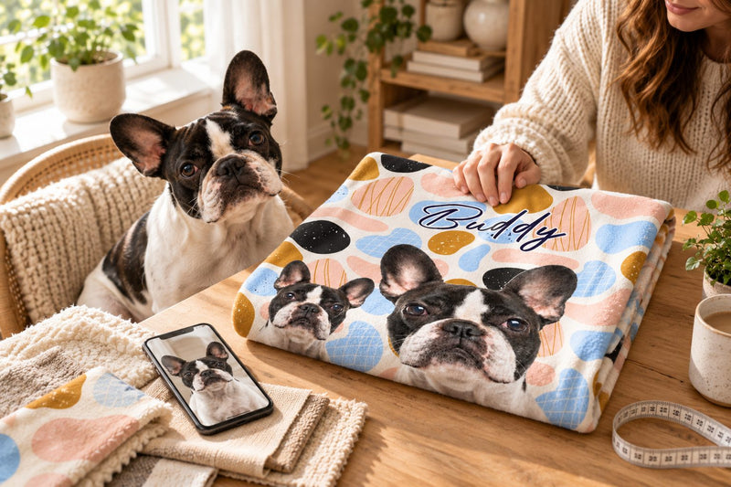 Folded French bulldog photo blanket beside the original photo on a phone, fabric swatches and the dog