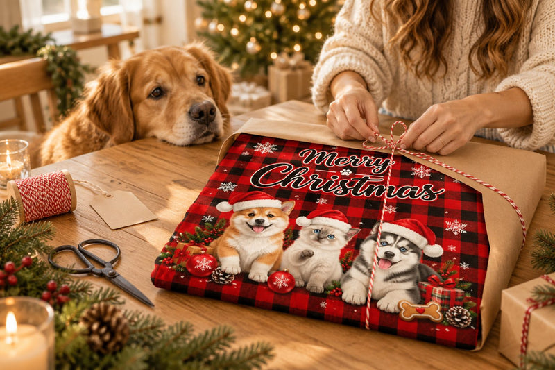 Hands wrapping a personalized Christmas plaid pet blanket as a golden retriever watches