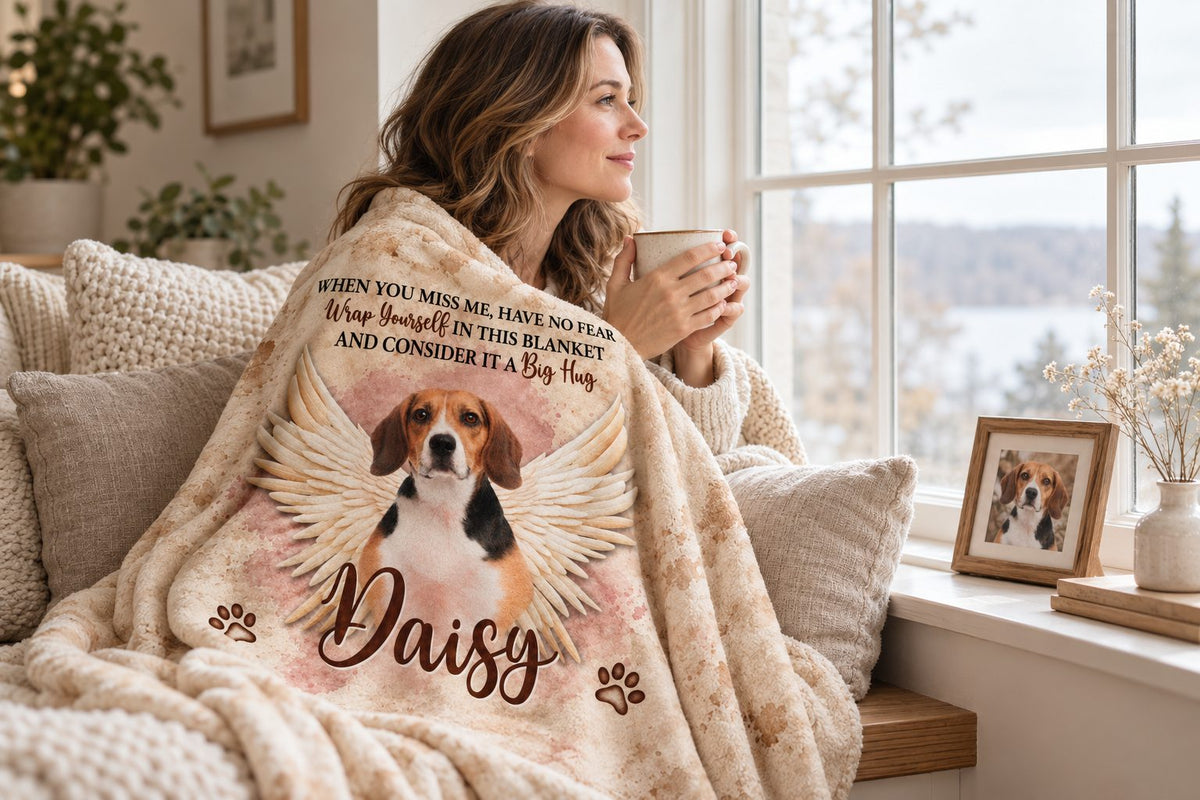 Woman wrapped in a Soft Wings pet memorial blanket by a window beside a framed photo of her beagle