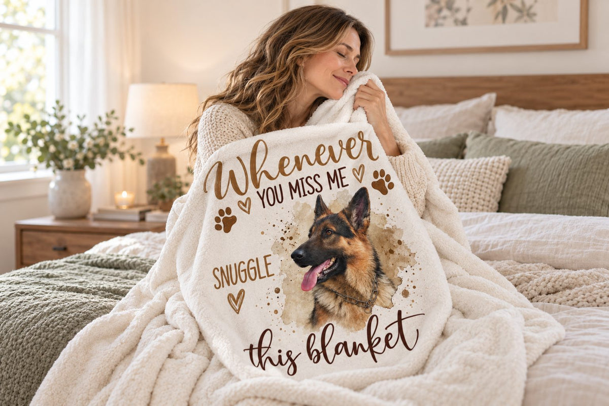 Woman hugging a Whenever You Miss Me personalized pet memorial blanket