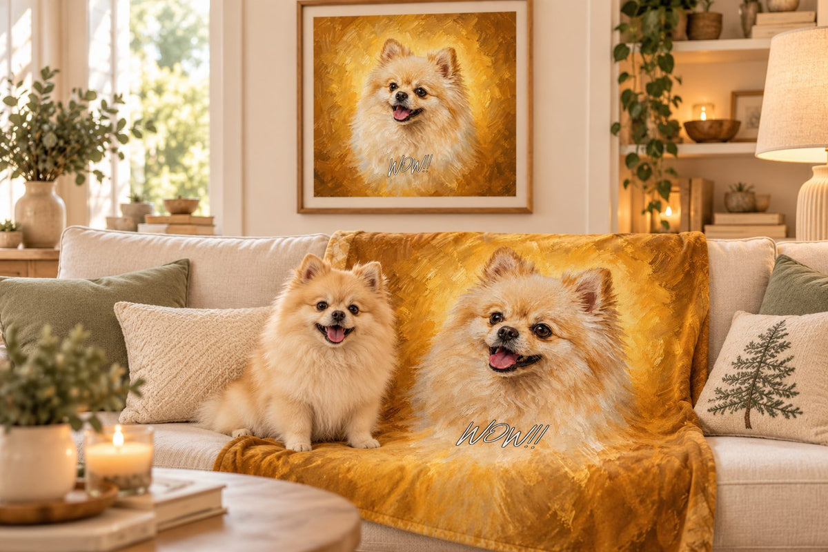 Pomeranian sitting on its portrait blanket below a framed oil painting of itself