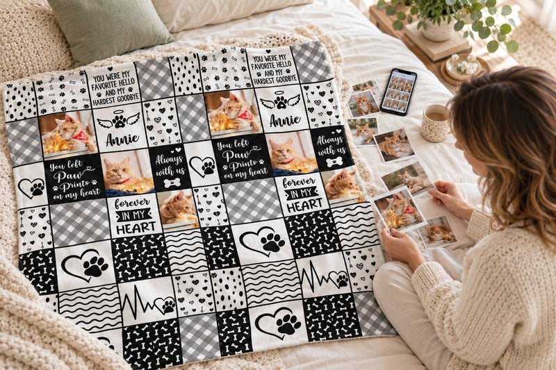 Woman arranging printed pet photos beside a Forever In My Heart photo collage blanket on a bed