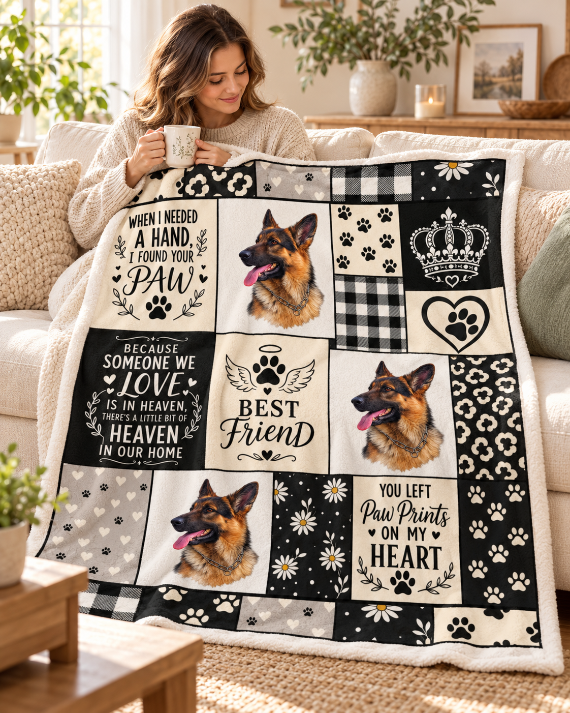 Woman sitting on a sofa wrapped in the Paw Prints on My Heart three-photo pet memorial blanket