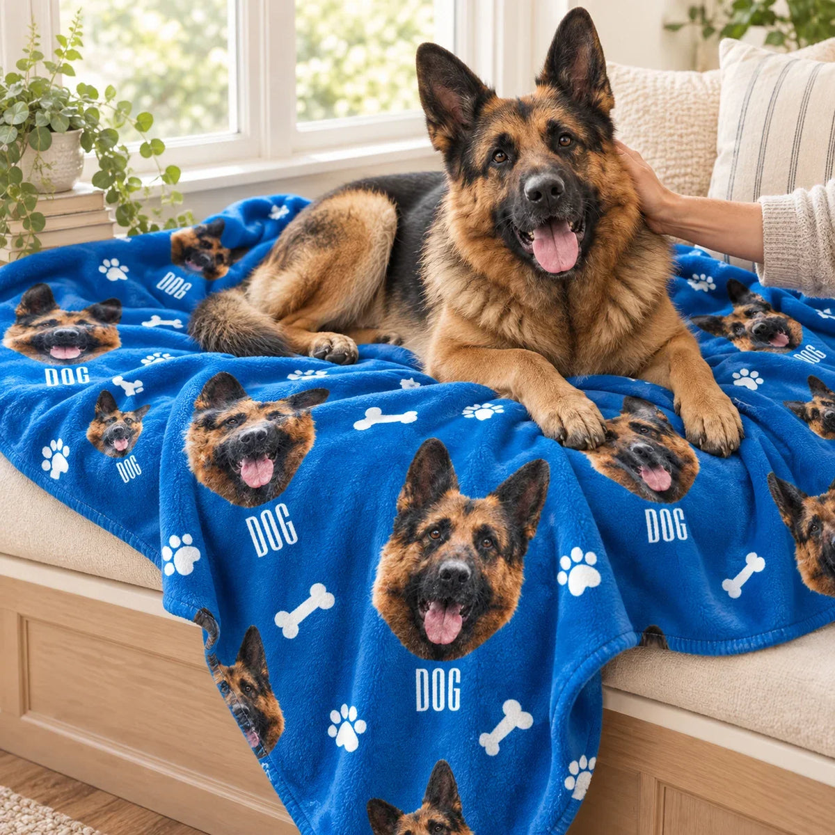 German Shepherd lying on a bright blue fleece blanket printed with his own face, white paw prints and bones, on a sunny window seat