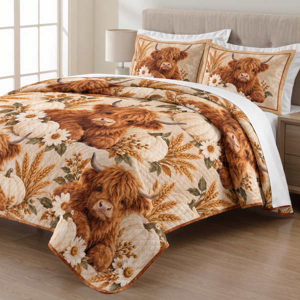 Pumpkin Harvest Highland Cow quilt set with two matching pillow shams on a made bed