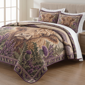 Thistle Highland Cow quilt set with two matching pillow shams on a made bed
