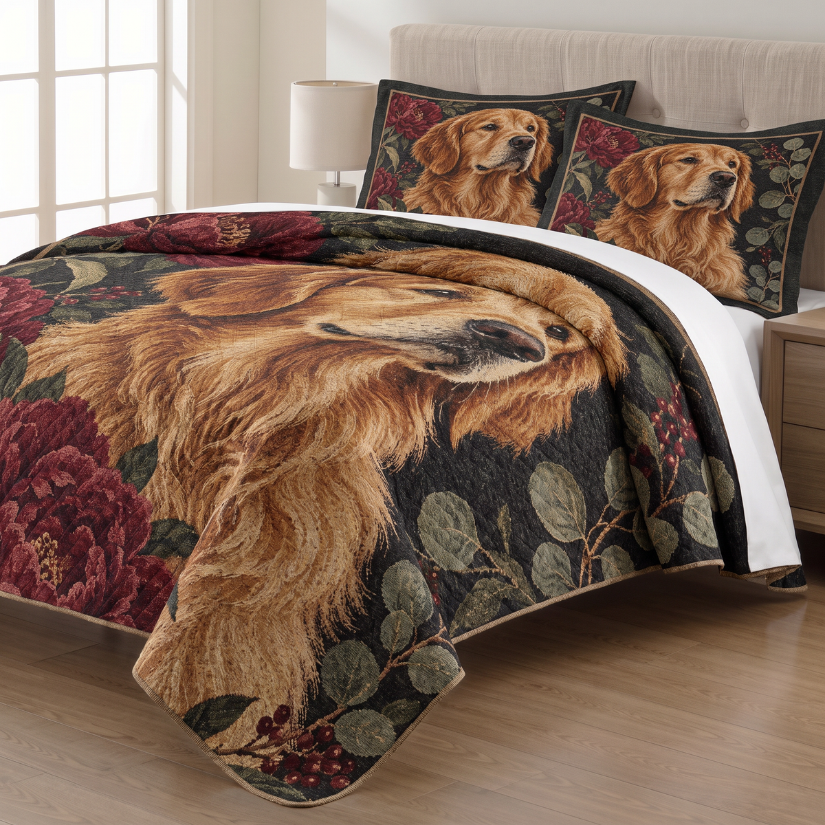 Peony Golden Retriever Portrait quilt set with two matching pillow shams on a made bed