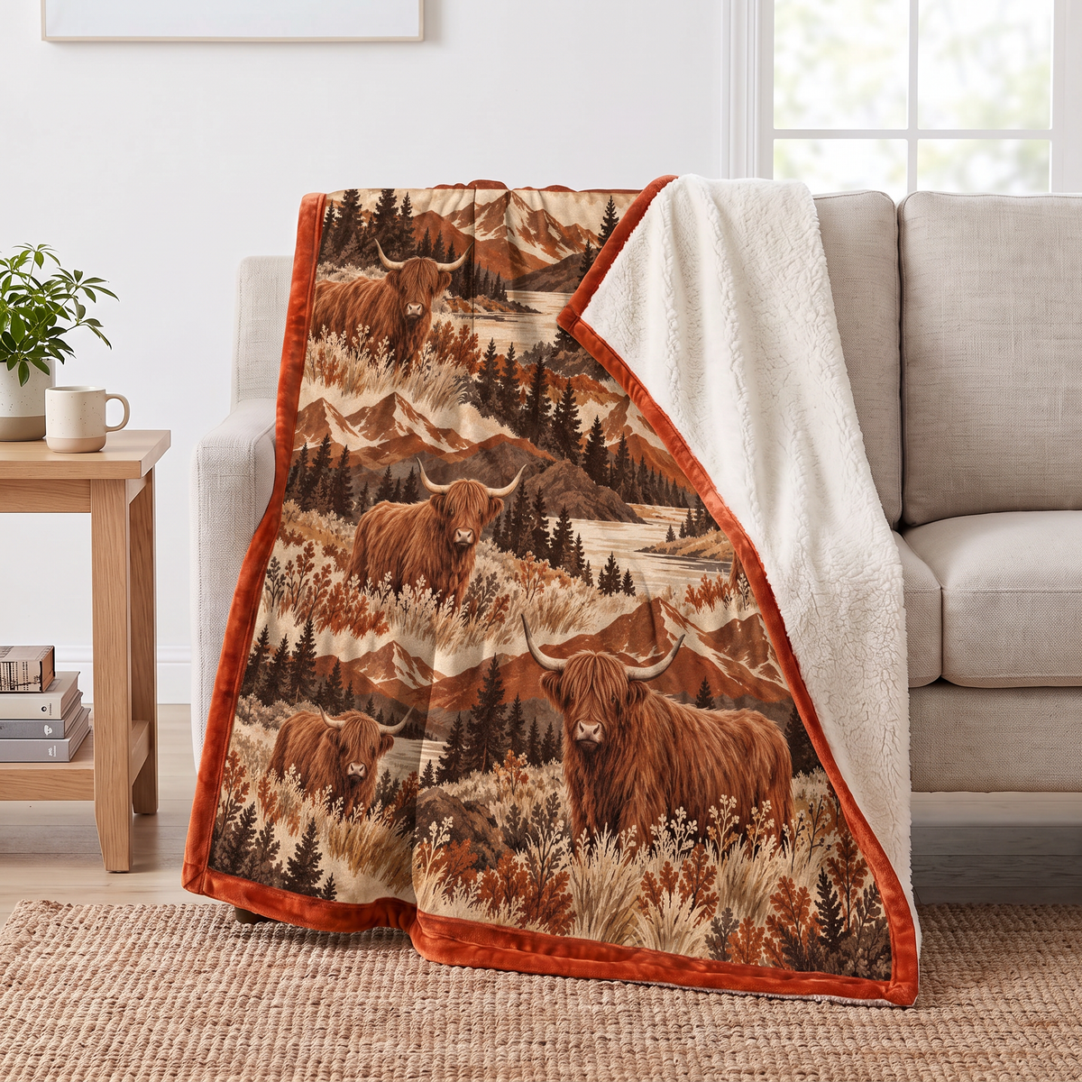 Mountain Boho Highland Cow sherpa blanket draped over a sofa, corner folded back to show the cream sherpa reverse