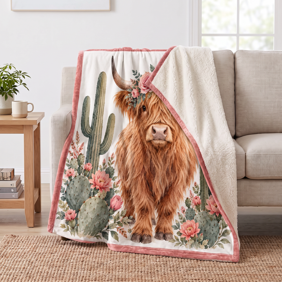 Desert Rose Highland Cow sherpa blanket draped over a sofa, corner folded back to show the cream sherpa reverse