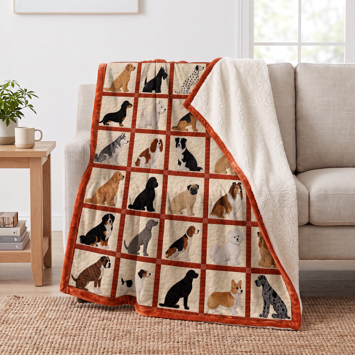 Sitting Dogs Patchwork sherpa blanket draped over a sofa, corner folded back to show the cream sherpa reverse
