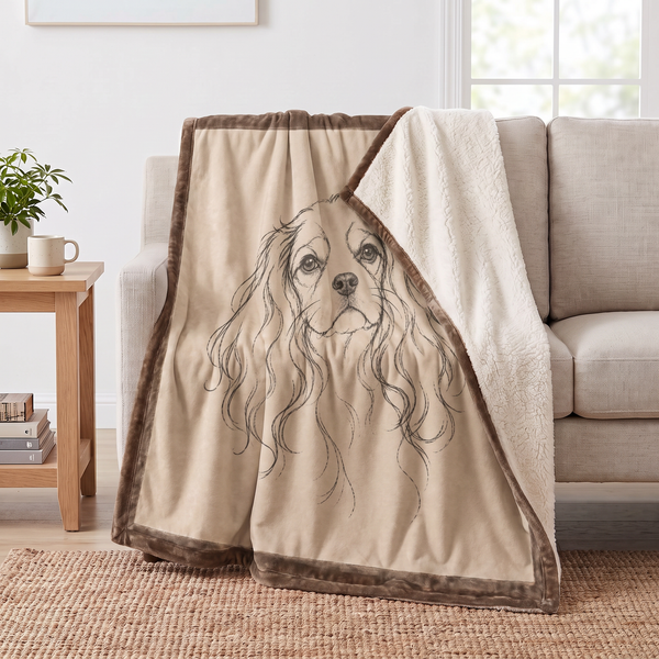 Line Art Spaniel sherpa blanket draped over a sofa, corner folded back to show the cream sherpa reverse