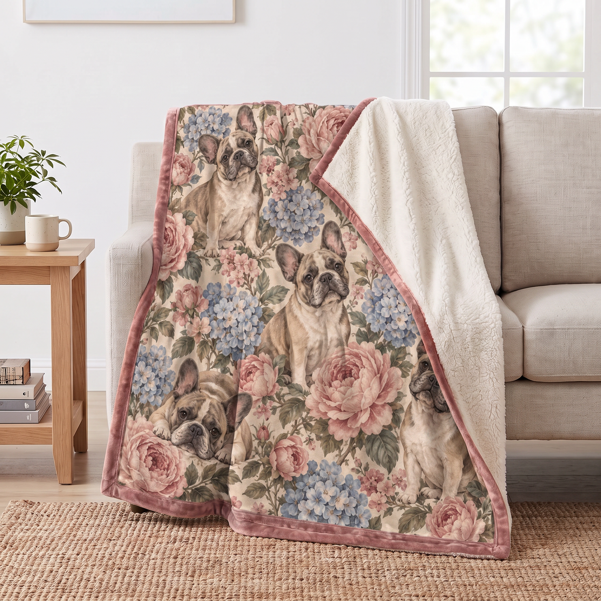 Vintage Rose French Bulldog sherpa blanket draped over a sofa, corner folded back to show the cream sherpa reverse