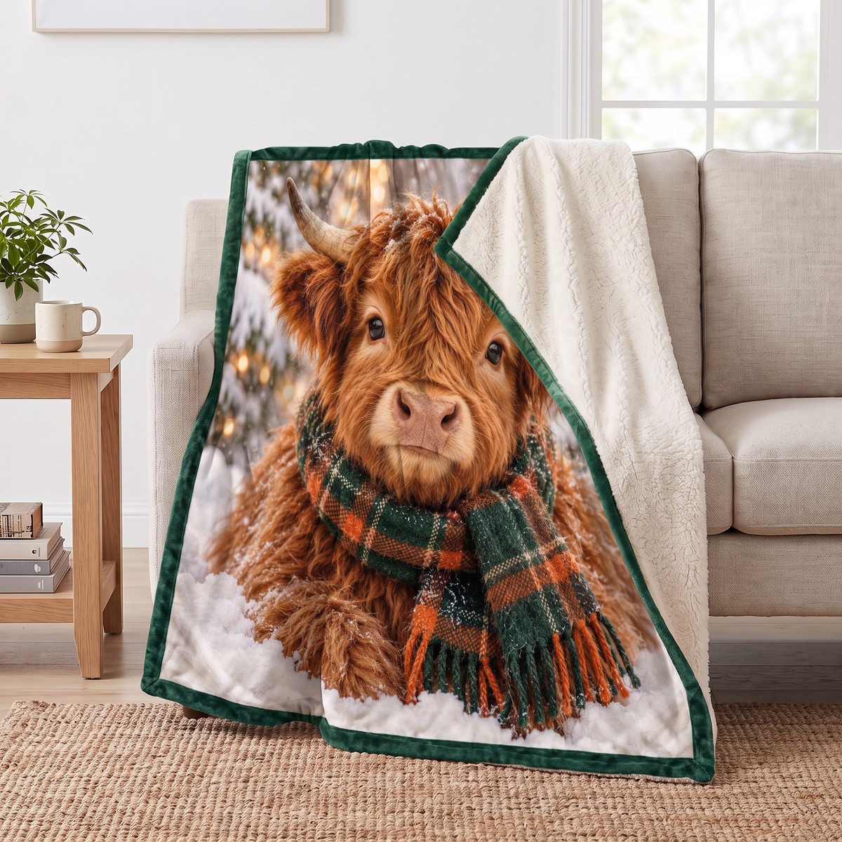 Tartan Scarf Highland Cow sherpa blanket draped over a sofa, corner folded back to show the cream sherpa reverse