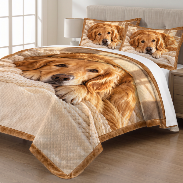 Cozy Golden Retriever Portrait quilt set with two matching pillow shams on a made bed