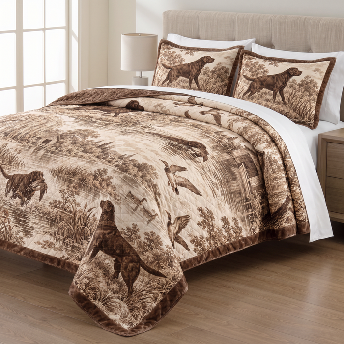 Chocolate Labrador Toile quilt set with two matching pillow shams on a made bed