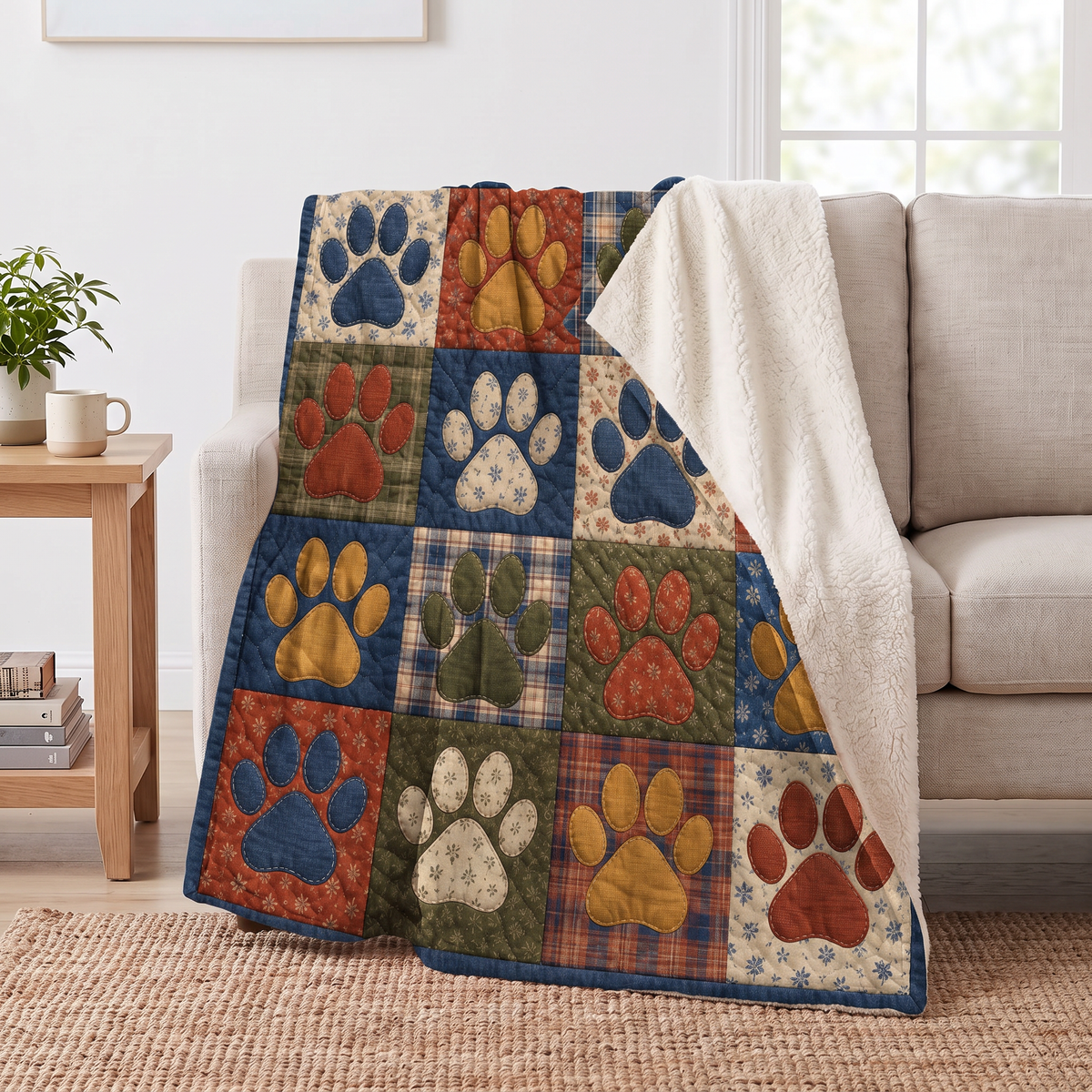 Paw Print Patchwork Dog sherpa blanket draped over a sofa, corner folded back to show the cream sherpa reverse