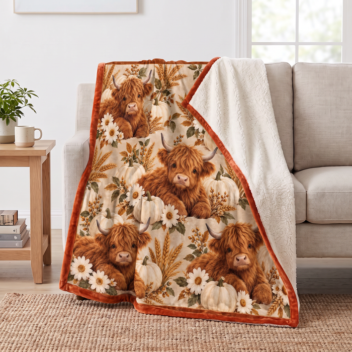Pumpkin Harvest Highland Cow sherpa blanket draped over a sofa, corner folded back to show the cream sherpa reverse
