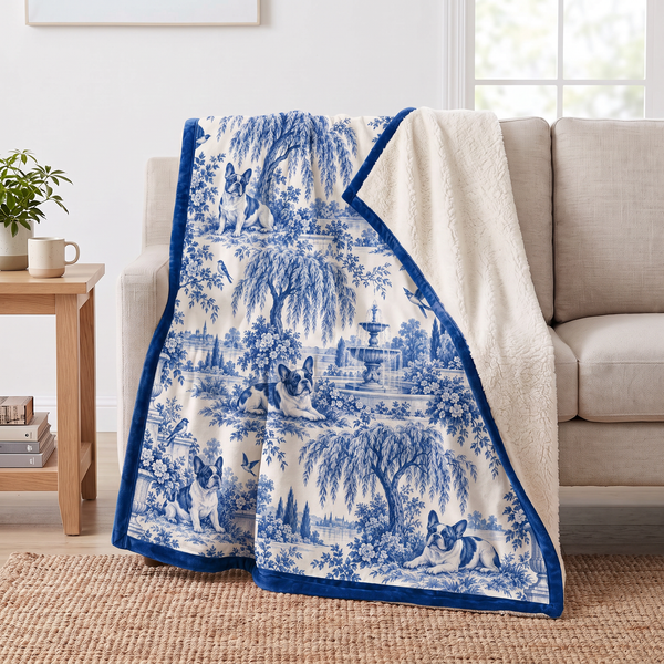 Blue Toile French Bulldog sherpa blanket draped over a sofa, corner folded back to show the cream sherpa reverse