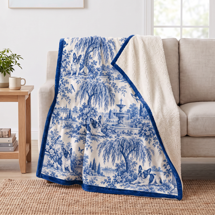 Blue Toile French Bulldog sherpa blanket draped over a sofa, corner folded back to show the cream sherpa reverse