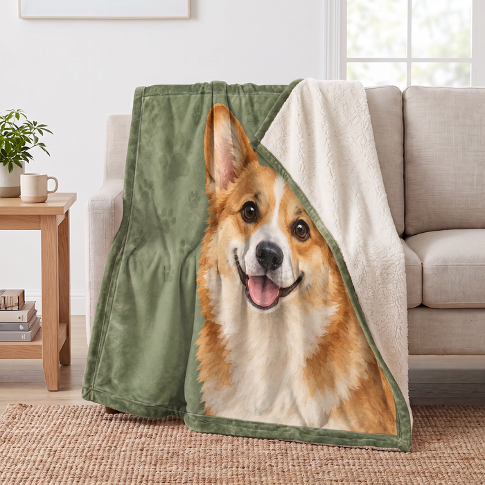 Watercolor Corgi Portrait sherpa blanket draped over a sofa, corner folded back to show the cream sherpa reverse