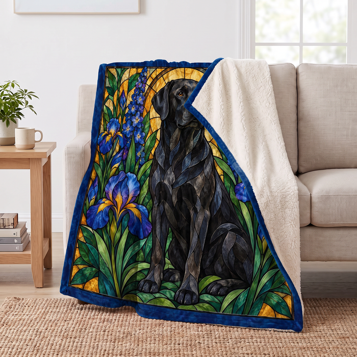 Stained Glass Black Labrador sherpa blanket draped over a sofa, corner folded back to show the cream sherpa reverse