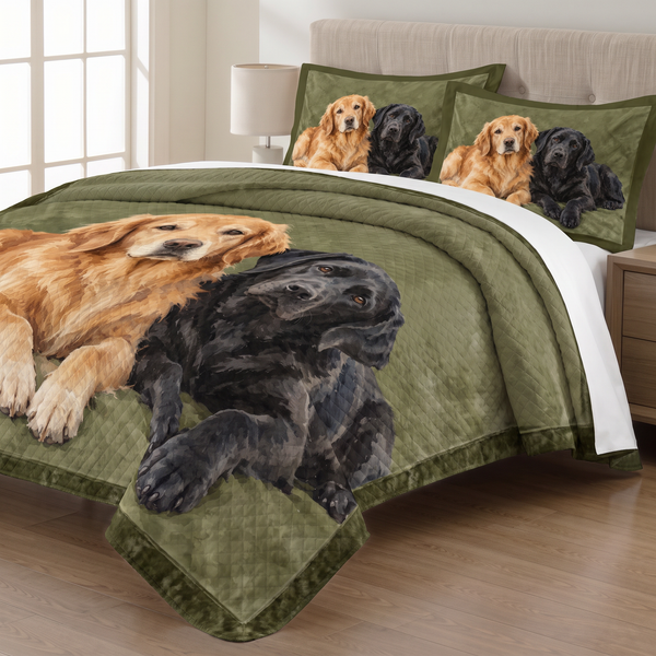 Golden Retriever & Black Lab Duo quilt set with two matching pillow shams on a made bed